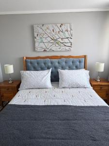 a bedroom with a bed with a blue headboard and two lamps at Acogedor y amplio, cercano al Hospital de Ovalle in Ovalle +23 photos