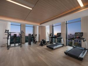 a gym with treadmills and ellipticals in a room with windows at Holiday Inn Beijing Daxing Centre by IHG in Beijing