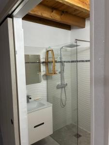 een badkamer met een glazen douche en een wastafel bij La Palmeraie du Carbet in Capesterre-Belle-Eau +19 foto's