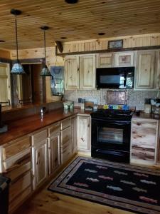 Η κουζίνα ή μικρή κουζίνα στο Elegantly Rustic Cabin on Secluded Island near Lake Placid on Saranac Lake, New York