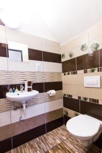 La salle de bains est pourvue de toilettes et d'un lavabo. dans l'établissement Penzion 43, à Bor