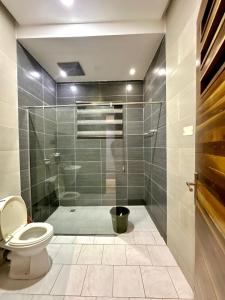 une salle de bain avec toilettes et douche en verre dans l'établissement Mega Villa 5 Bedroom Stand Alone Duplex, à Ikuata