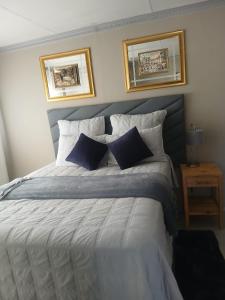 a bed with two blue pillows on top of it at Nuday Guesthouse in Vaalwater