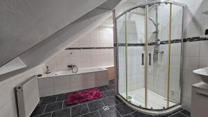 an attic bathroom with a shower and a sink at FeWo Langewerth in Wilhelmshaven