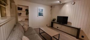 Una sala de estar con un sofá y un televisor. en Apartment centrally located in Tromsø with free parking, en Tromsø