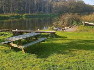 a picnic table sitting in the grass next to a lake at 6 person holiday home in Ans By in Roe