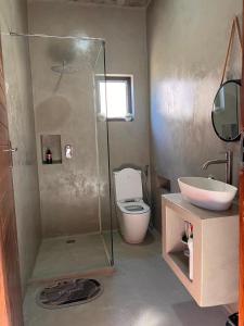 a bathroom with a shower and a toilet and a sink at lodge3a in Ponta do Ouro