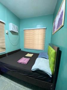 a room with a bed in a room with blue walls at Radex Place Staycation 2BR House- near Dahican beach in Mati