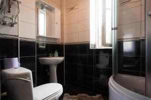une salle de bains avec toilettes et lavabo dans l'établissement Casa Fermecata, à Vişeu de Sus 2 autres photos