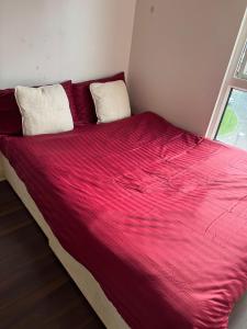 een groot rood bed met twee kussens in een kamer bij Charming Edinburgh Apartment with Electric Heating Free WiFi in Edinburgh +3 foto's