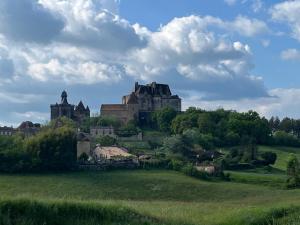 Un antiguo castillo en lo alto de un campo verde en Walk trails, chateau, shop,spa, pellet stove cozy, en Biron