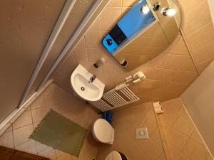 an overhead view of a bathroom with a sink and a mirror at Penzion Landštejnský dvůr in Slavonice