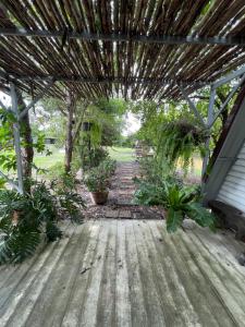 a wooden porch with potted plants on a house at บ้านนกฮูก อิงสายชล in Ban Khlong Sai +6 photos