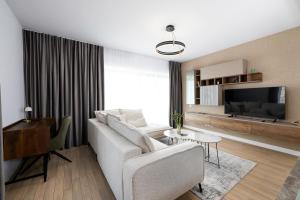 ONYX 57 - Elegant City Apartment in Bucharest في بوخارست: غرفة معيشة مع أريكة وتلفزيون