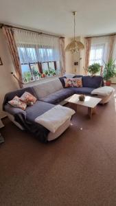 HartauにあるFerienhaus Töpferblick-Hartauの青いソファとテーブルのあるリビングルーム