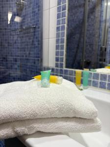 La salle de bains est pourvue d'une serviette blanche sur un lavabo. dans l'établissement Elcano, à Malaga