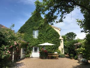 a house covered in ivy with a table and an umbrella at Landhaus am Deich in Cluvenhagen