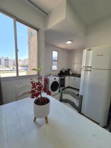 a kitchen with a white refrigerator and a potted plant on a table at Flat quarto e sala completo in Vitória