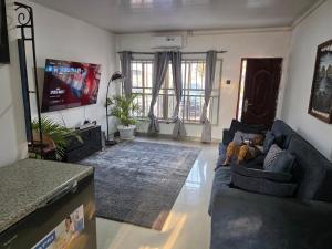 a living room with a blue couch and a tv at sarahs apartments solwezi in Mpemba