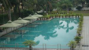 een groot zwembad met parasols en palmbomen bij Hotel Brahmani in Jajpur Road
