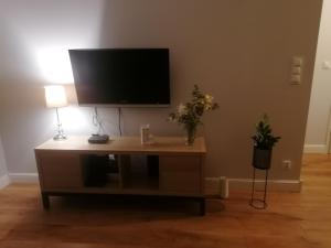 a living room with a tv and a table with flowers at Zachod Slonca in Gdańsk +3 photos