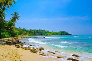 a beach with a bunch of rocks and the ocean at Barefoot Beach - Hiriketiya in Dickwella