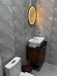 een badkamer met een wastafel en een spiegel en een toilet bij Tanga Home Rentals in Tanga