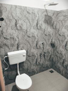 Vagamon Hill Resort في فاغامون: حمام مع مرحاض وجدار حجري