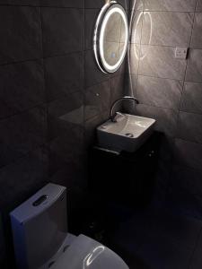 een badkamer met een wastafel, een toilet en een spiegel bij Tanga Home Rentals in Tanga