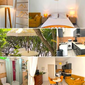 a collage of photos of a bedroom and a living room at Le Rodrigues - plages - parking - clim - wifi in Saint-Gilles les Bains