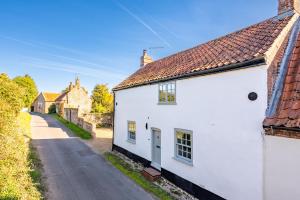ein weißes Haus an einer Straße in einem Dorf in der Unterkunft Owl Cottage in Great Snoring