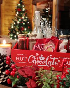 a box of hot chocolate next to a christmas tree at Nature Dream Days in Muhos