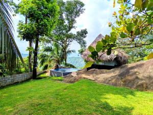 a house with a thatched roof and a grass yard at Dhunhill Garden in Avissawella