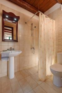 Un baño con lavabo y cortina de ducha. en Villa Dionysos - Kalamaki Holidays, en Kamilari