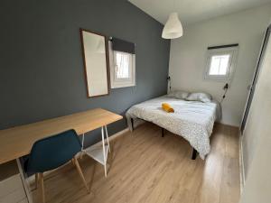 Un dormitorio con una cama, una mesa y un espejo. en Appartement Caen théâtre, en Caen