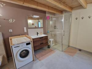 La salle de bains est pourvue d'un lave-linge et d'une douche. dans l'établissement Le Ptit Nid Sous le Chêne, à Xamontarupt 15 autres photos