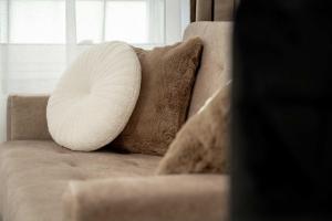 ein herzförmiges Kissen auf einer Couch in der Unterkunft Elegant Apartments Mieszczańska Wrocław with Air Conditioning, Spa & Gym by Renters Prestige in Breslau