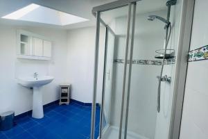 une salle de bain avec douche et lavabo dans l'établissement Villa paisible avec piscine, à Bercloux 57 autres photos