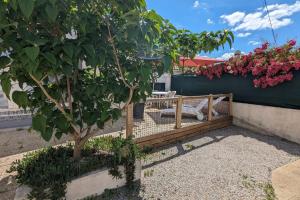 a chicken in a cage next to a tree at Spacious nest with terrace near the beach in Talmont-Saint-Hilaire