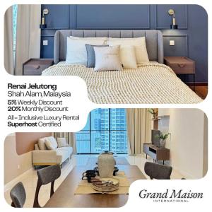 a bedroom with blue walls and a bed with chairs at The Jelutong Trio, Spacious 3-Bedroom Luxury Stay in Shah Alam