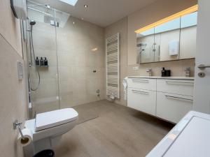 a bathroom with a toilet and a shower and a sink at Heimwärts - Altstadt-Weingut mit Dachterrasse in Bad Neuenahr-Ahrweiler +14 photos