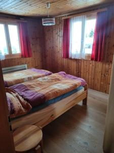 a bedroom with a bed in a wooden cabin at Chalet Lueg uf Belalp in Rosswald