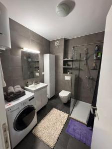 a bathroom with a shower toilet and a sink at Apartman IsTar View in Sarajevo