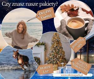 a collage of photos with a christmas tree and a woman at Olivina Park Spa - domki z dostępem do krytego basenu, saun, wyżywienia i atrakcji dla dzieci in Niechorze