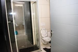 Un baño con inodoro y ducha de cristal. en Twilight Self Catering, en Windhoek
