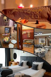 a collage of photos of a hotel lobby with couches at Park Hotel Plovdiv in Plovdiv