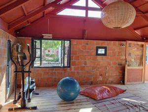 a room with a gym with a ball and a brick wall at Bed0Bled Cabanes & Holiday homes in Sidi Kaouki