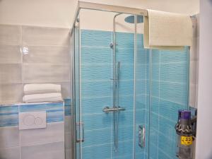 a shower with blue tiles in a bathroom at LaTanaDiFedro - Monolocale tra centro storico e mare in Grado +28 photos