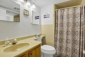 a bathroom with a sink and a toilet and a shower curtain at Perfect blend of comfort Lake Wales in Lake Wales