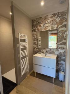 ein Badezimmer mit Waschbecken und Spiegel in der Unterkunft Villa des Roches - Labeaume in Labeaume